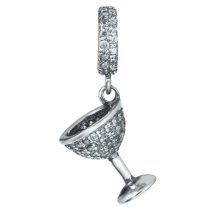 Antique Sterling Silver Clear CZ Crystal Wine Glass Cup Dangle Bead for European Charm Bracelets
