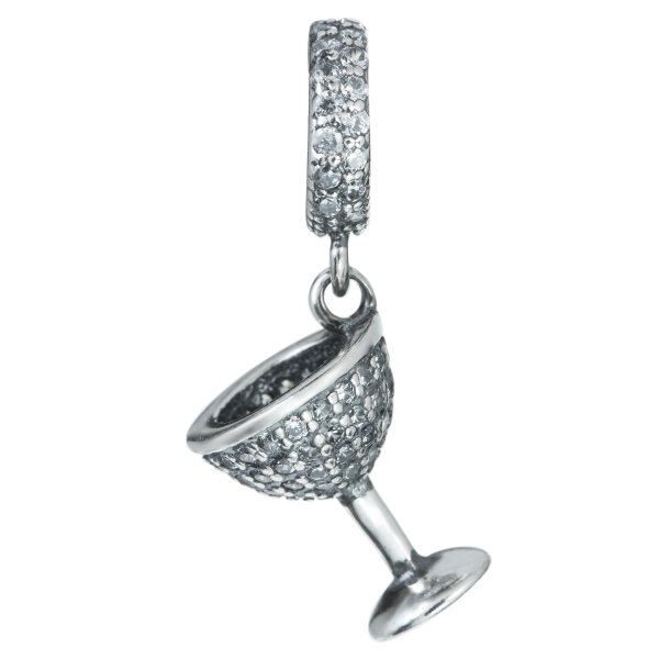 Antique Sterling Silver Clear CZ Crystal Wine Glass Cup Dangle Bead for European Charm Bracelets