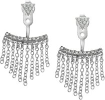 Rhodium On Sterling Silver Clear CZ Chain Tassel Stud & Jacket Post with Friction Back Earrings