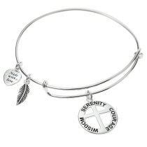 925 Sterling Silver Round Christ Cross Serenity Courage Wisdom Heart Feather Dangle Charm Adjustable Wire Bangle Bracelet