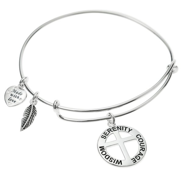 925 Sterling Silver Round Christ Cross Serenity Courage Wisdom Heart Feather Dangle Charm Adjustable Wire Bangle Bracelet