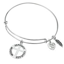 925 Sterling Silver Round Christ Cross Serenity Courage Wisdom Heart Feather Dangle Charm Adjustable Wire Bangle Bracelet