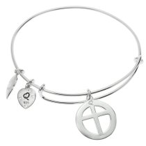 925 Sterling Silver Round Christ Cross Serenity Courage Wisdom Heart Feather Dangle Charm Adjustable Wire Bangle Bracelet
