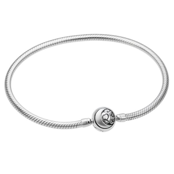 Qina C. Rhodium on 925 Sterling Silver 3mm Snake Bracelet with Round Sun Moon Bead Clasp for European Bead Charm 6.5"