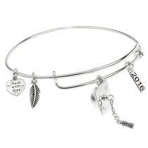 Qina C. Sterling Silver Graduation Cap 2016 Heart Feather Dangle Charm Made with Love Adjustable Wire Bangle Bracelet