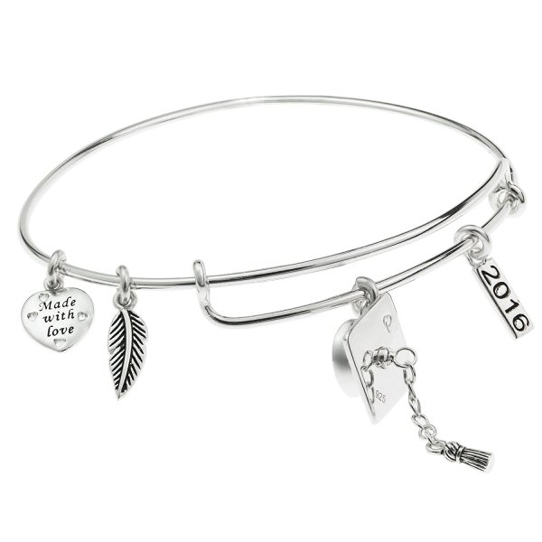 Qina C. Sterling Silver Graduation Cap 2016 Heart Feather Dangle Charm Made with Love Adjustable Wire Bangle Bracelet