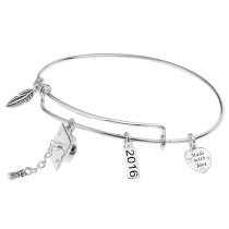 Qina C. Sterling Silver Graduation Cap 2016 Heart Feather Dangle Charm Made with Love Adjustable Wire Bangle Bracelet