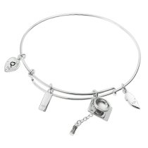 Qina C. Sterling Silver Graduation Cap 2016 Heart Feather Dangle Charm Made with Love Adjustable Wire Bangle Bracelet