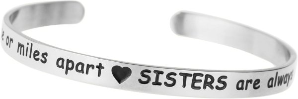 Qina C. Side by side or miles apart. Sisters are always close at heart Adjustable Cuff Bracelet Wristband Bangle Silver-tone