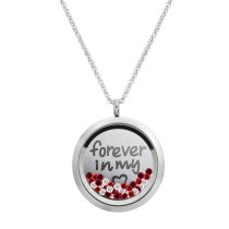 Love Forever Round Floating Locket Red Crystal Chain Necklace Pendant 30mm