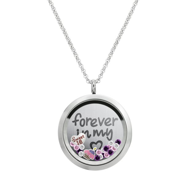 Forever Love Sweet 16 w/ Heart Floating Locket Crystals Charm Necklace Pendant 30mm