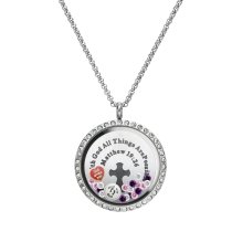 With God All Things Are Possible Floating Locket Crystals Prayer Charm Necklace Pendant