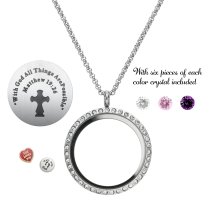 With God All Things Are Possible Floating Locket Crystals Prayer Charm Necklace Pendant