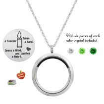 A Teacher Takes a Hand ... Touches a Heart Floating Locket Crystals Charm Necklace Pendant