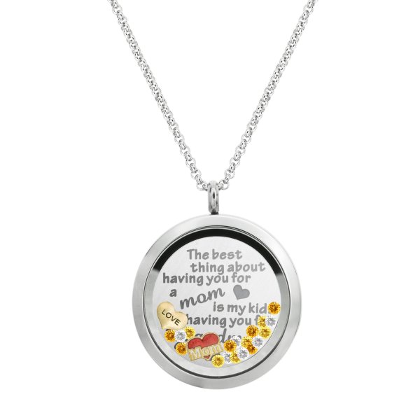 The Best Thing About Having You For a Mom is My Kids Having You for a Grandma Floating Locket Crystals Charm Necklace Pendant