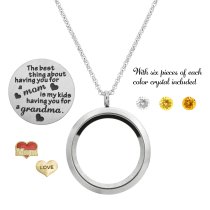 The Best Thing About Having You For a Mom is My Kids Having You for a Grandma Floating Locket Crystals Charm Necklace Pendant