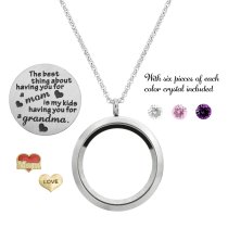 The Best Thing About Having You for a Mom Is My Kids Having You for a Grandma Floating Locket Crystals Charm Necklace Pendant