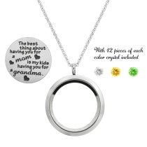 The Best Thing About Having You For a Mom is My Kids Having You for a Grandma Floating Locket Crystals Charm Necklace Pendant
