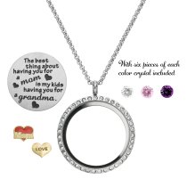 The Best Thing About Having You For a Mom is My Kids Having You for a Grandma Floating Locket Crystals Charm Necklace Pendant