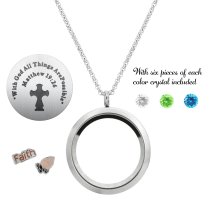 With God All Things Are Possible Floating Locket Crystals Prayer Charm Necklace Pendant