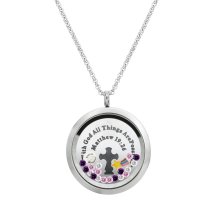 With God All Things Are Possible Floating Locket Crystals Prayer Charm Necklace Pendant