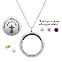 With God All Things Are Possible Floating Locket Crystals Prayer Charm Necklace Pendant