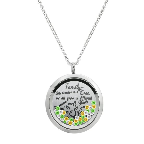 Family Tree Love Heart Round Floating Locket Crystals Charm Necklace Pendant