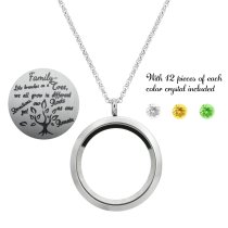 Family Tree Love Heart Round Floating Locket Crystals Charm Necklace Pendant