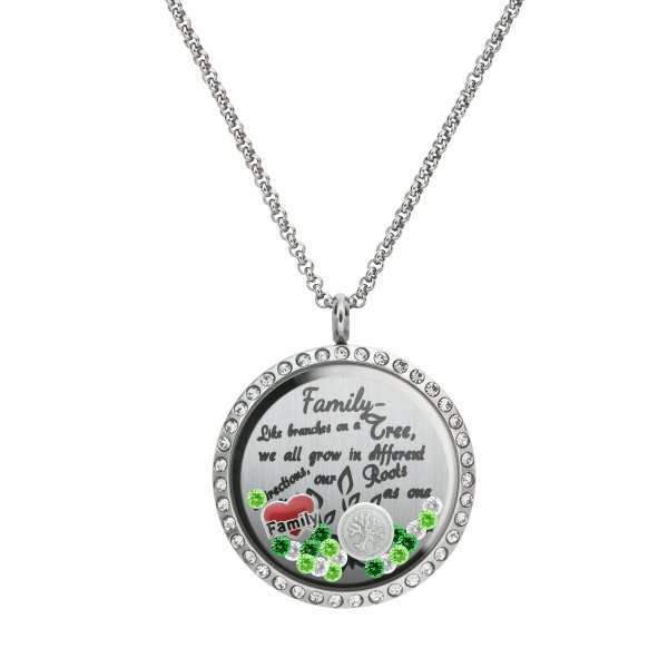 Family Tree Love Heart Round Floating Locket Crystals Charm Necklace Pendant