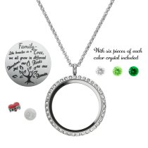 Family Tree Love Heart Round Floating Locket Crystals Charm Necklace Pendant