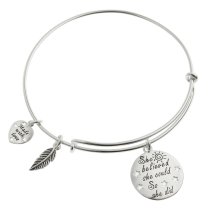 Qina C. Sterling Silver ″She Believed She Could so She Did″ Heart Feather Dangle Charm Adjustable Wire Bangle Bracelet