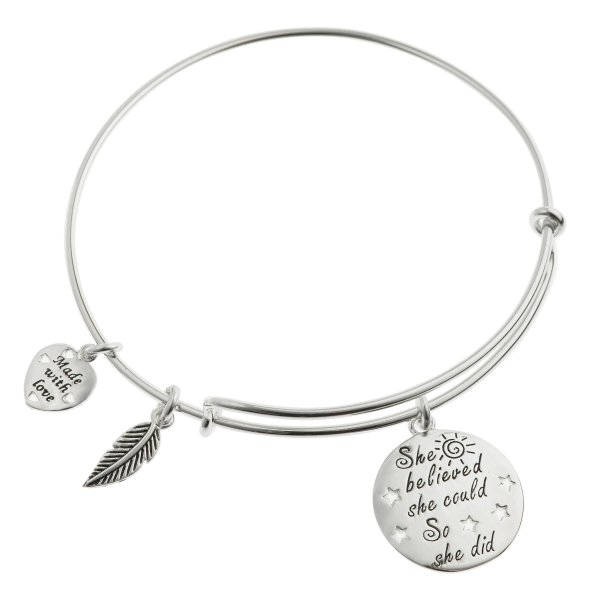 Qina C. Sterling Silver "She Believed She Could so She Did" Heart Feather Dangle Charm Adjustable Wire Bangle Bracelet