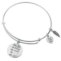 Qina C. Sterling Silver "She Believed She Could so She Did" Heart Feather Dangle Charm Adjustable Wire Bangle Bracelet