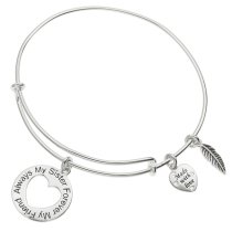 Qina C Sterling Silver Always My Sister Forever My Friend Love Heart Feather Dangle Charm Adjustable Wire Bangle Bracelet