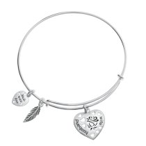 Sterling Silver Rose Husband & Wife Heart Feather Dangle Charm Adjustable Wire Bangle Bracelet