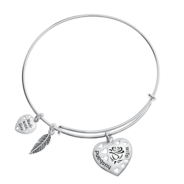 Sterling Silver Rose Husband & Wife Heart Feather Dangle Charm Adjustable Wire Bangle Bracelet