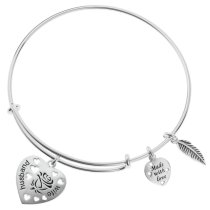 Sterling Silver Rose Husband & Wife Heart Feather Dangle Charm Adjustable Wire Bangle Bracelet