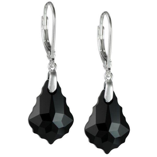 Sterling Silver Baroque Jet Black Crystals Leverback Dangle Earrings Using Swarovski Elements