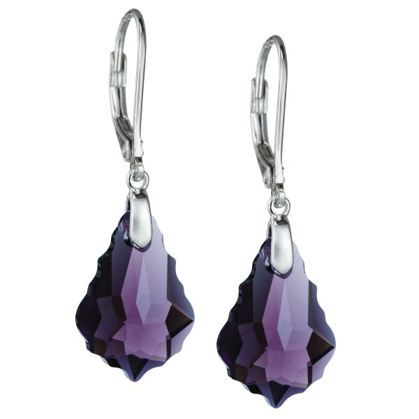 Sterling Silver Baroque Amethyst Purple Crystals Leverback Dangle Earrings Using Swarovski Elements