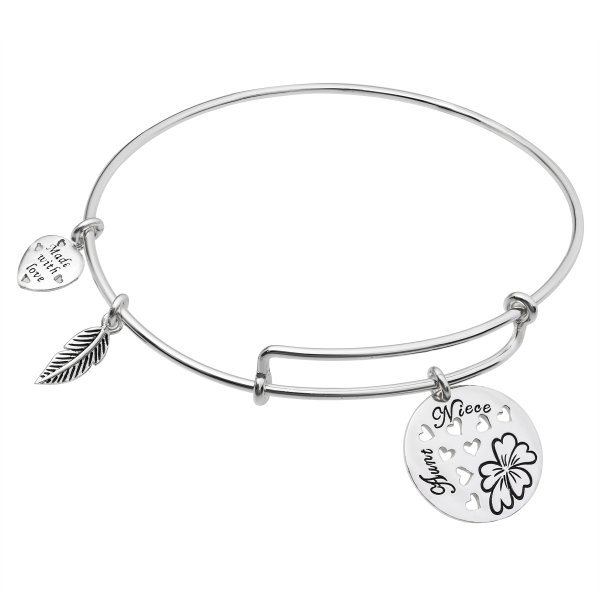 Sterling Silver Aunt Niece Heart Dangle Charm Adjustable Wire Bangle Bracelet