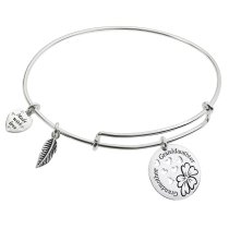 Sterling Silver Flower Grandmother & Granddaughter Heart Dangle Charm Adjustable Wire Bangle Bracelet