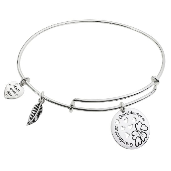 Sterling Silver Flower Grandmother & Granddaughter Heart Dangle Charm Adjustable Wire Bangle Bracelet