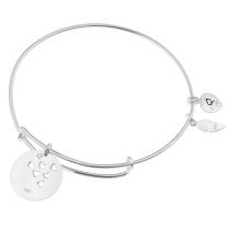 Sterling Silver Flower Grandmother & Granddaughter Heart Dangle Charm Adjustable Wire Bangle Bracelet