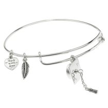 925 Sterling Silver Graduation Hat Made with Love Heart Feather Dangle Charm Adjustable Wire Bangle Bracelet