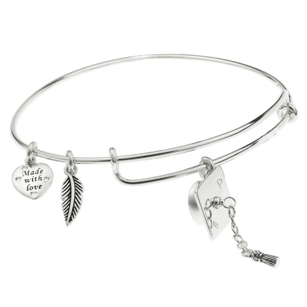 925 Sterling Silver Graduation Hat Made with Love Heart Feather Dangle Charm Adjustable Wire Bangle Bracelet