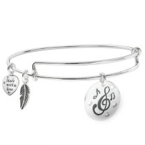 Sterling Silver Love Music Heart Feather Dangle Charm Expandable Bangle Bracelet