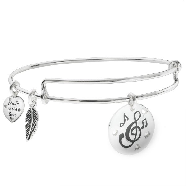 Sterling Silver Love Music Heart Feather Dangle Charm Expandable Bangle Bracelet