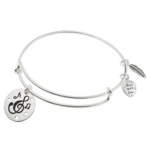 Sterling Silver Love Music Heart Feather Dangle Charm Expandable Bangle Bracelet
