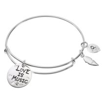Sterling Silver Love Music Heart Feather Dangle Charm Expandable Bangle Bracelet