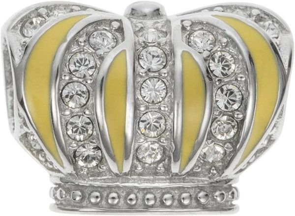 Rhodium on 925 Sterling Silver Yellow Enamel Royal King Crown Clear CZ Crystal Bead for European Charm Bracelets